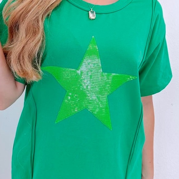 GREEN GLITTER STAR OVERSIZED SHORT SLEEVE SHIRT!! Quality!!!! L! New! - Picture 2 of 3